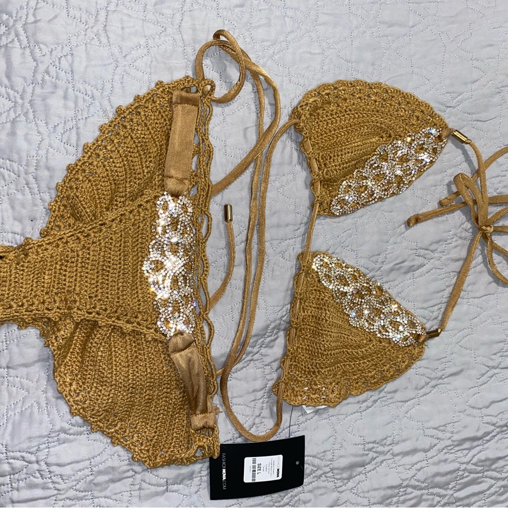 Beige crochet bikini with rhinestones